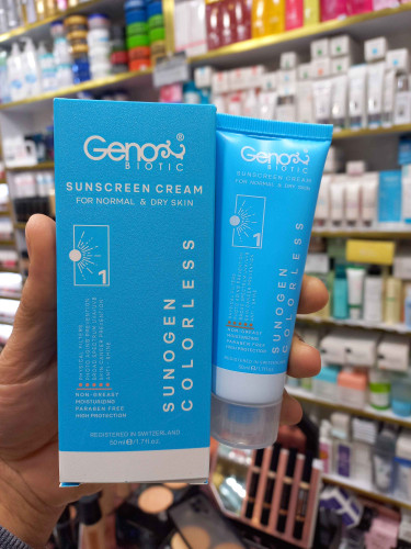 کرم ضدآفتاب ژنوبایوتیک (سانوژن) پوست خشک و نرمال spf50 بیرنگ حجم ۵۰ میلیون لیتر