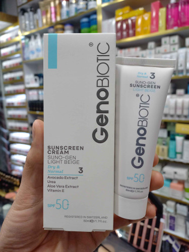 کرم ضدآفتاب ژنوبایوتیک (سانوژن)پوست نرمال و خشک رنگ لایت بژ spf50 حجم ۵۰ میلی لیتر