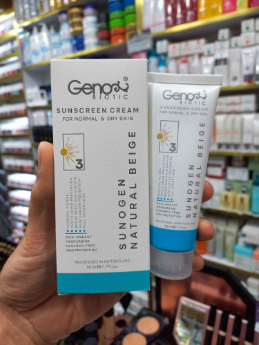 کرم ضدآفتاب ژنوبایوتیک (سانوژن) پوست خشک و نرمال رنگی نچرال بژ spf50 حجم ۵۰ میلی لیتر