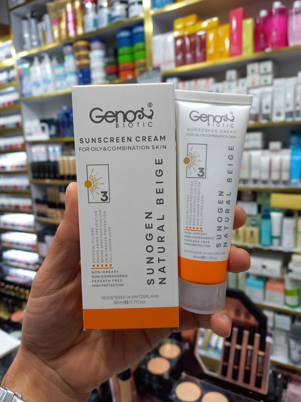 ضدآفتاب ژنوبایوتیک (سانوژن) پوست چرب و مختلط رنگ نچرال بژ spf50 حجم ۵۰ میلی لیتر